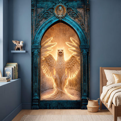 Decorative wall art of a winged creature in an ornate frame above a bed in a bedroom.