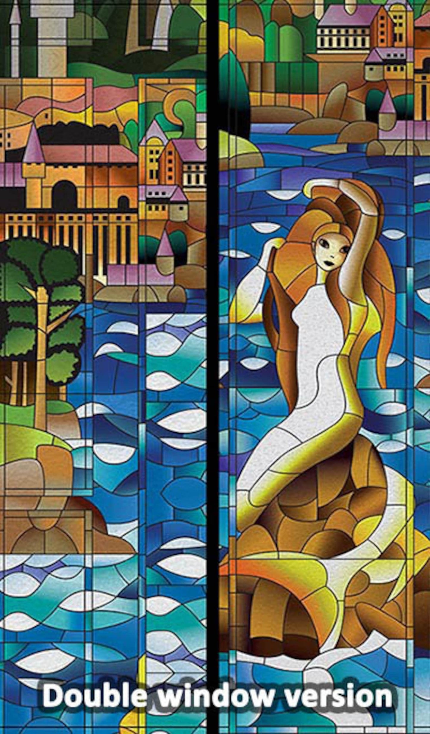 Magic Mermaid window, translucent stained glass imitation sticker mural, self-adhesive, single piece