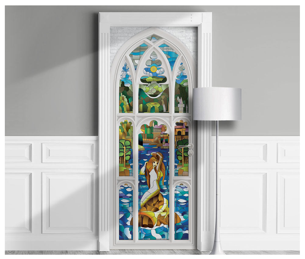 Magic Mermaid window in white frame, stained glass imitation, full door sticker mural, self-adhesive, single piece