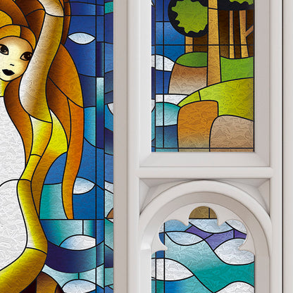 Magic Mermaid window in white frame, stained glass imitation, full door sticker mural, self-adhesive, single piece