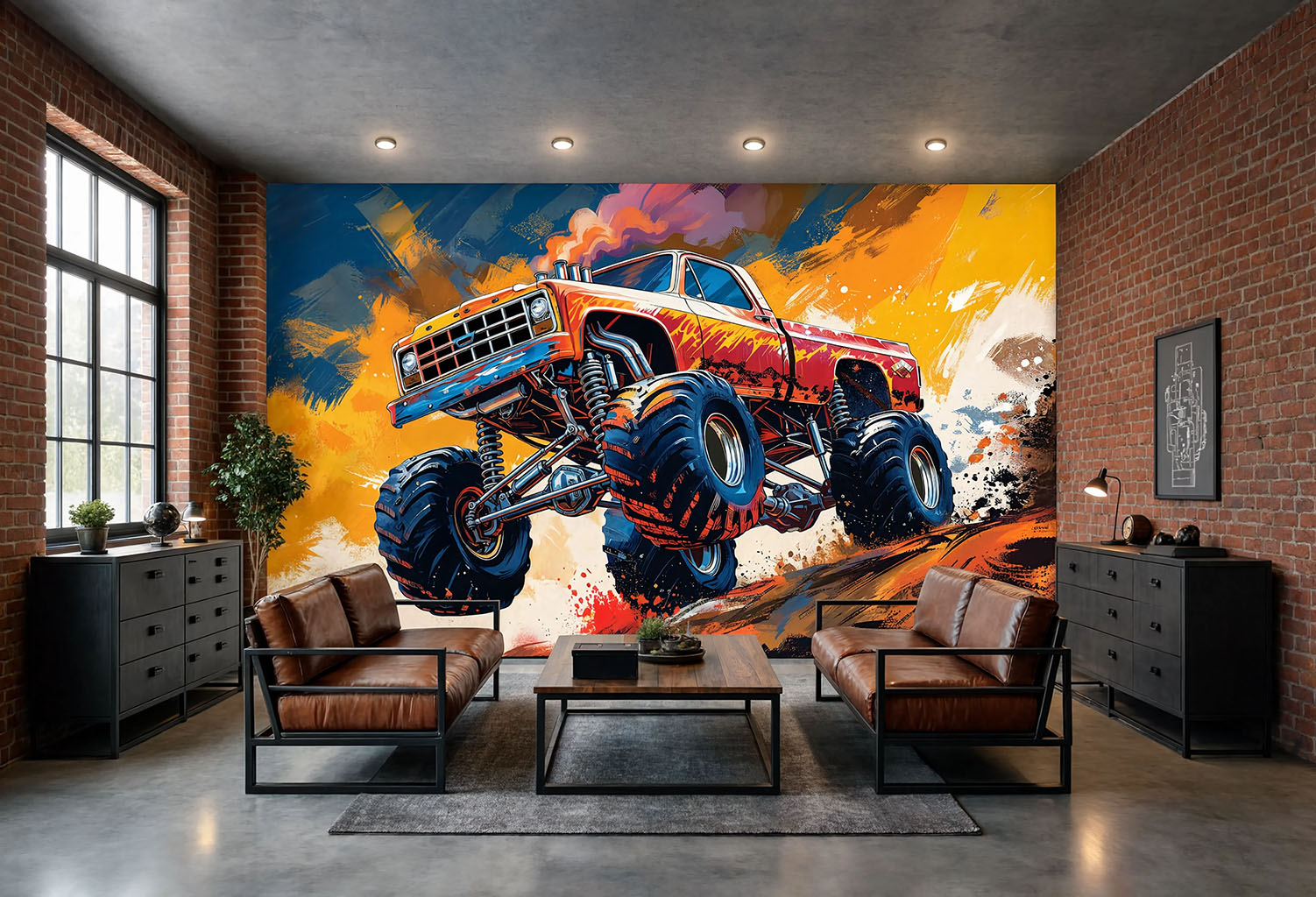 Removable peel and stick monster truck wallpaper installed in a Industrial Loft & Urban Grunge styled room