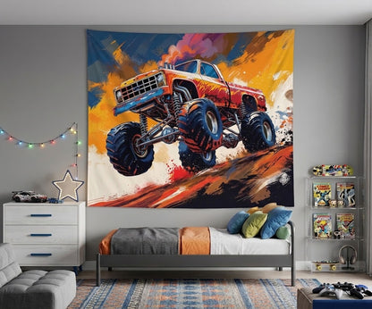 Lightweight motorsport vehicle tapestry wall hanging displayed in a vibrant, modern kids bedroom setting.