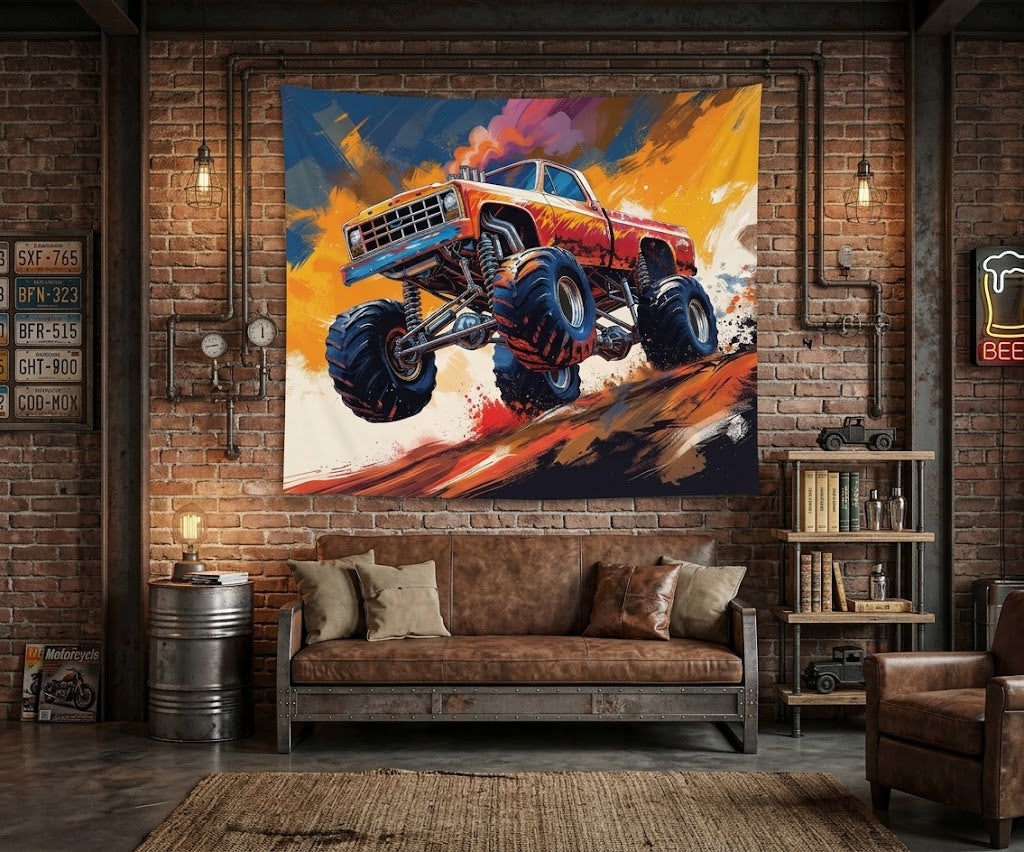 Large fabric wall mural with detailed huge tires, suspension springs, and colorful abstract brush strokes.