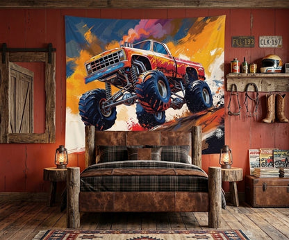 Action-themed room decorated with a soaring monster truck tapestry hanging on the main wall.