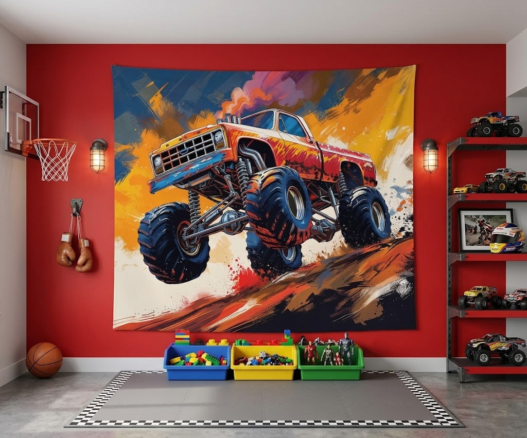 Dynamic monster truck fabric wall mural showing an orange off-road vehicle jumping over a dirt ramp with paint splashes.