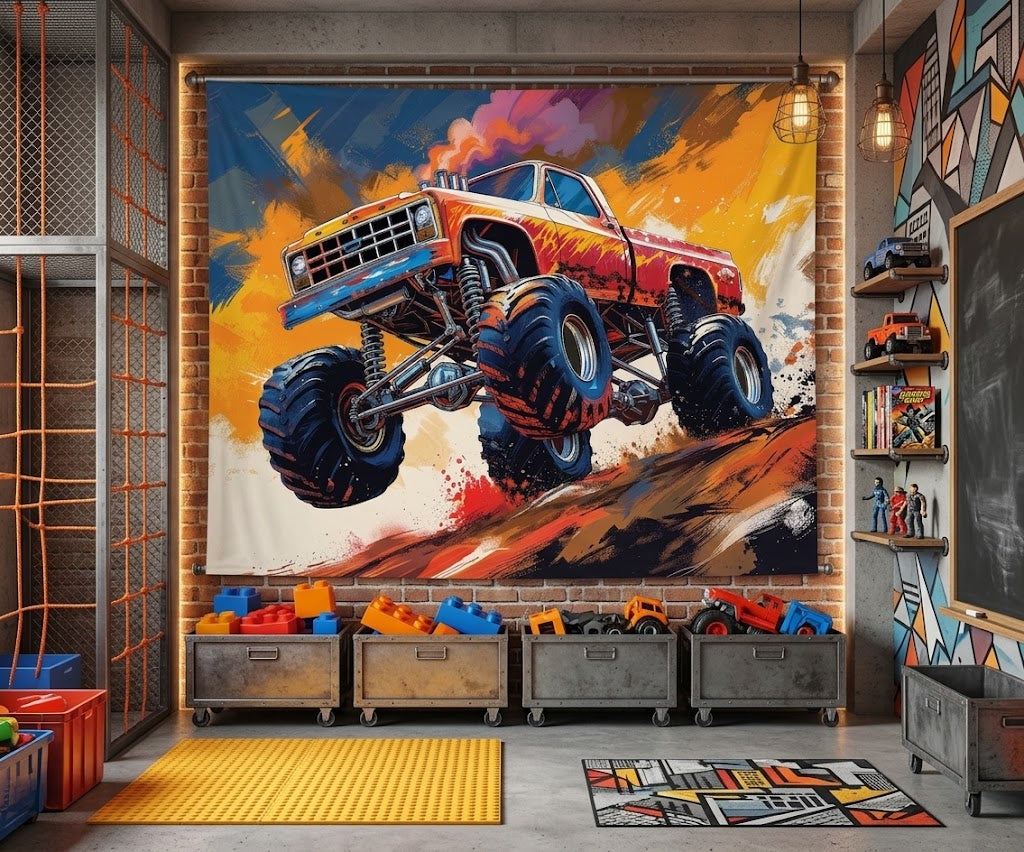 Extreme racing car fabric wallcovering hung as an accent backdrop behind a play area.