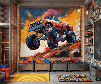 Extreme racing car fabric wallcovering hung as an accent backdrop behind a play area.