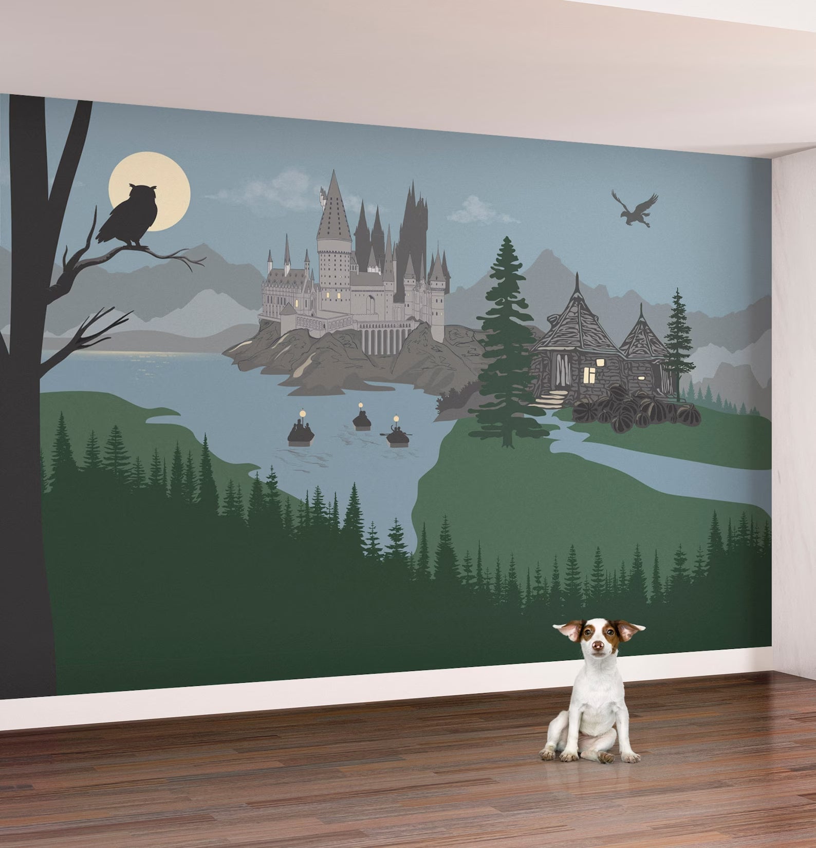 Wizard's Castle Wall Mural in Pastel Colors - Self-adhesive Removable Decal, Wallpaper, Backdrop. School of Magic, Nursery Decoration. 