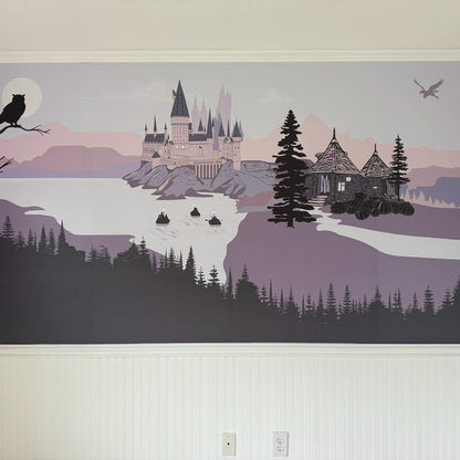 Wall mural of a castle by a lake with trees, on a plain wall.