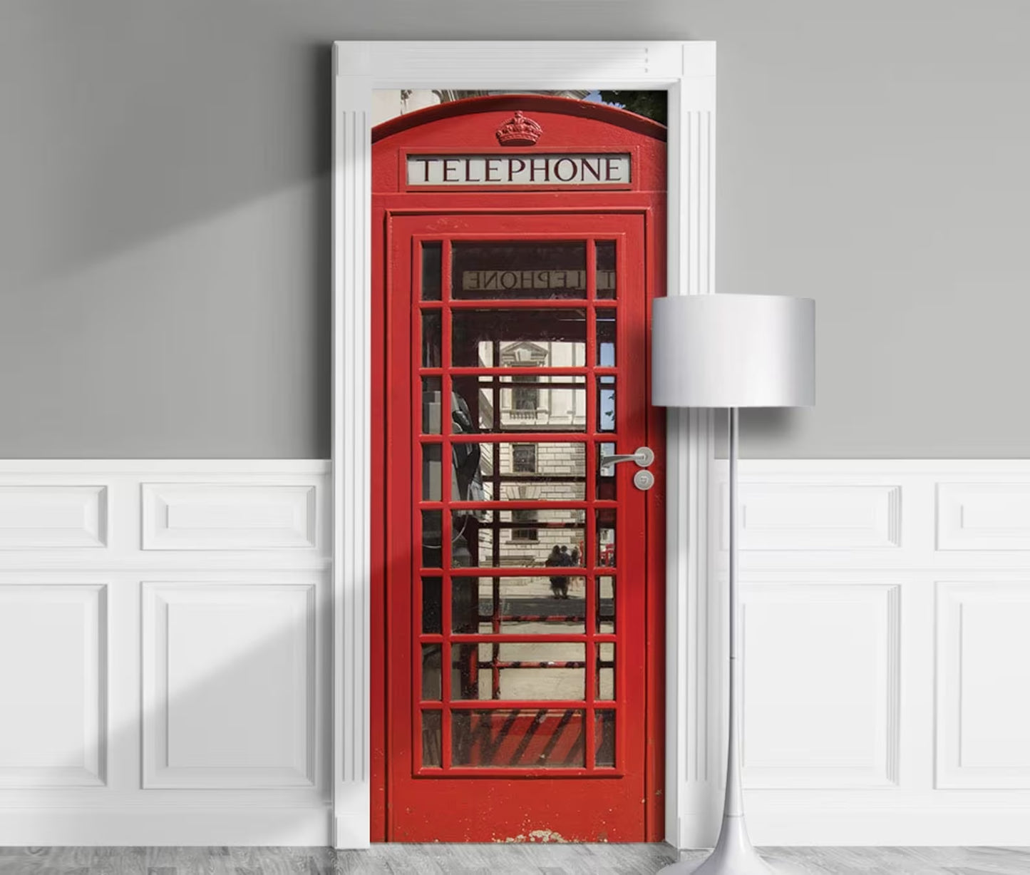 Telephone door sticker mural. London red phone booth