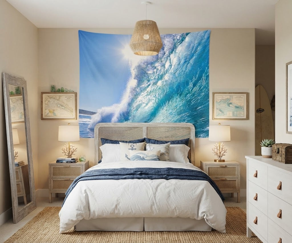 Lightweight coastal blue sea tapestry wall hanging displayed in a bright, modern bedroom setting.
