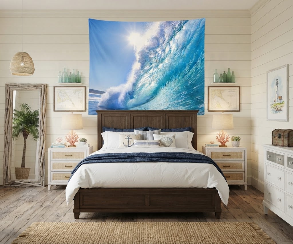 Dynamic ocean wave fabric wall mural showing a crashing turquoise barrel and bright sunburst sky.