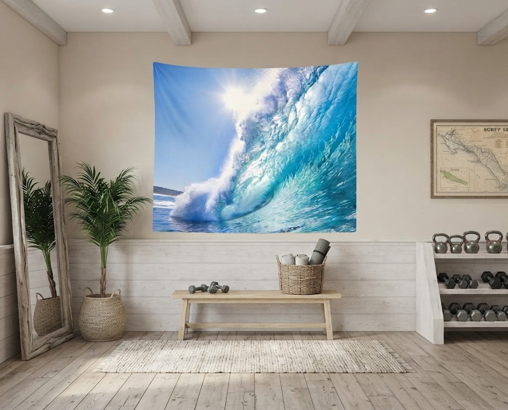 Beach-themed room decorated with a sunny ocean wave tapestry hanging on the main wall.