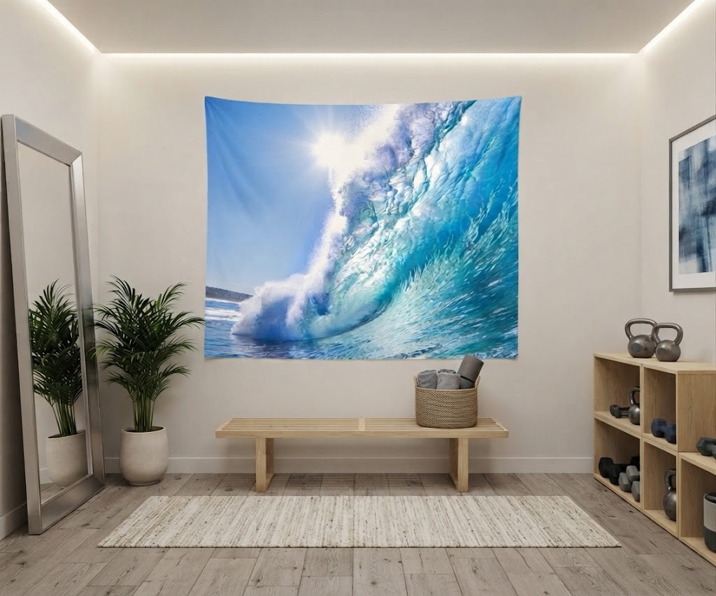 Large fabric wall mural with detailed white sea foam and transparent blue water texture.