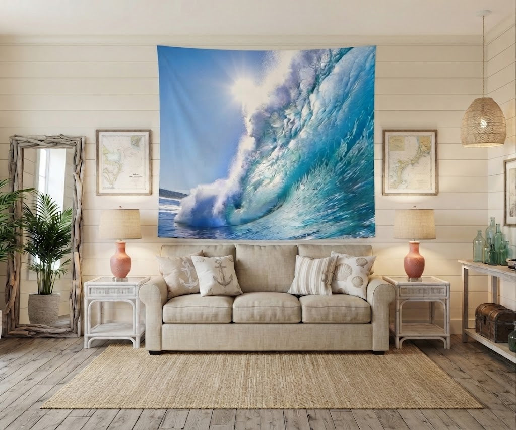 Crashing wave fabric wallcovering hung as an accent backdrop behind a relaxing seating area.