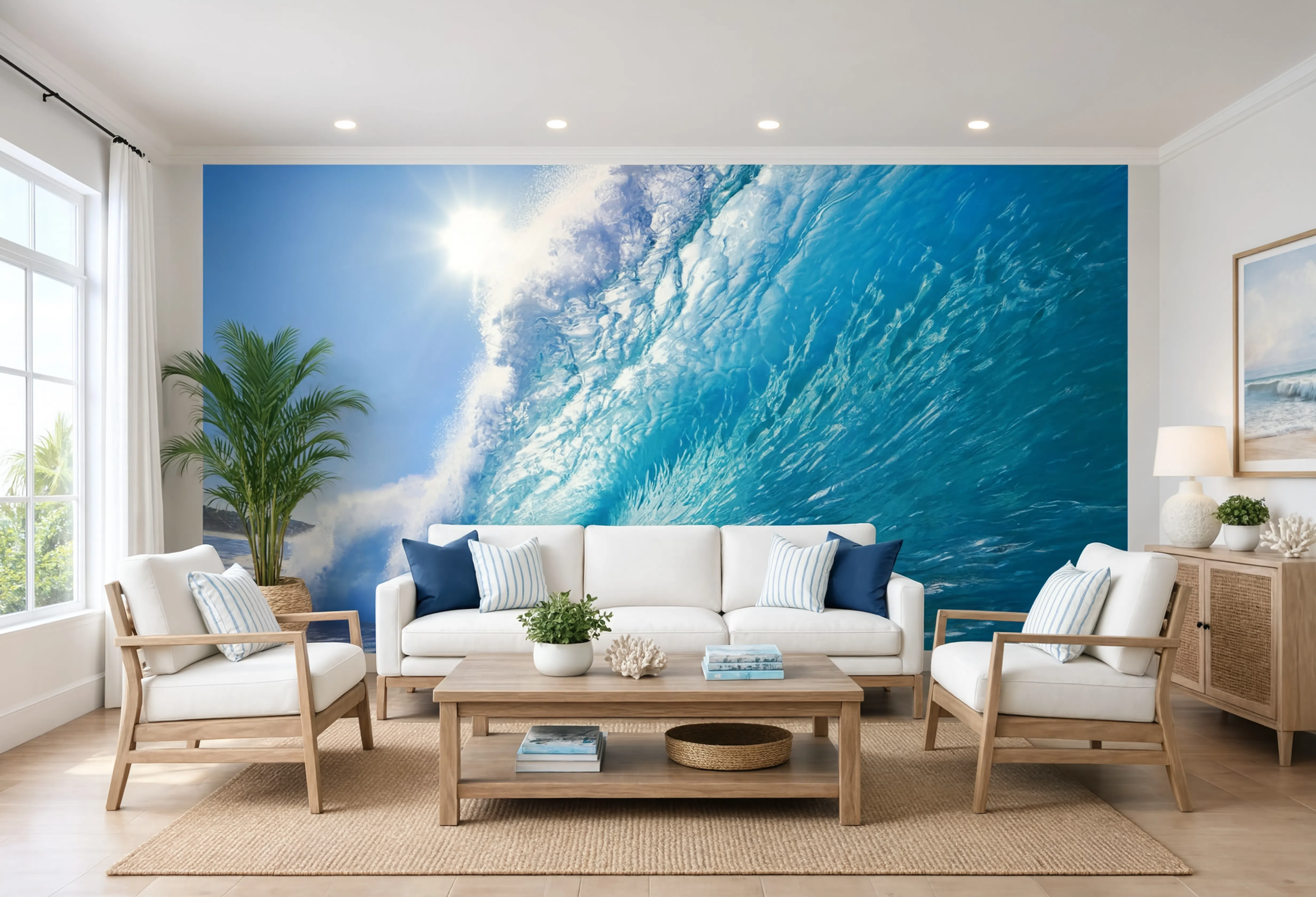 Removable vinyl wall art panel featuring a powerful wave for a modern coastal living room.