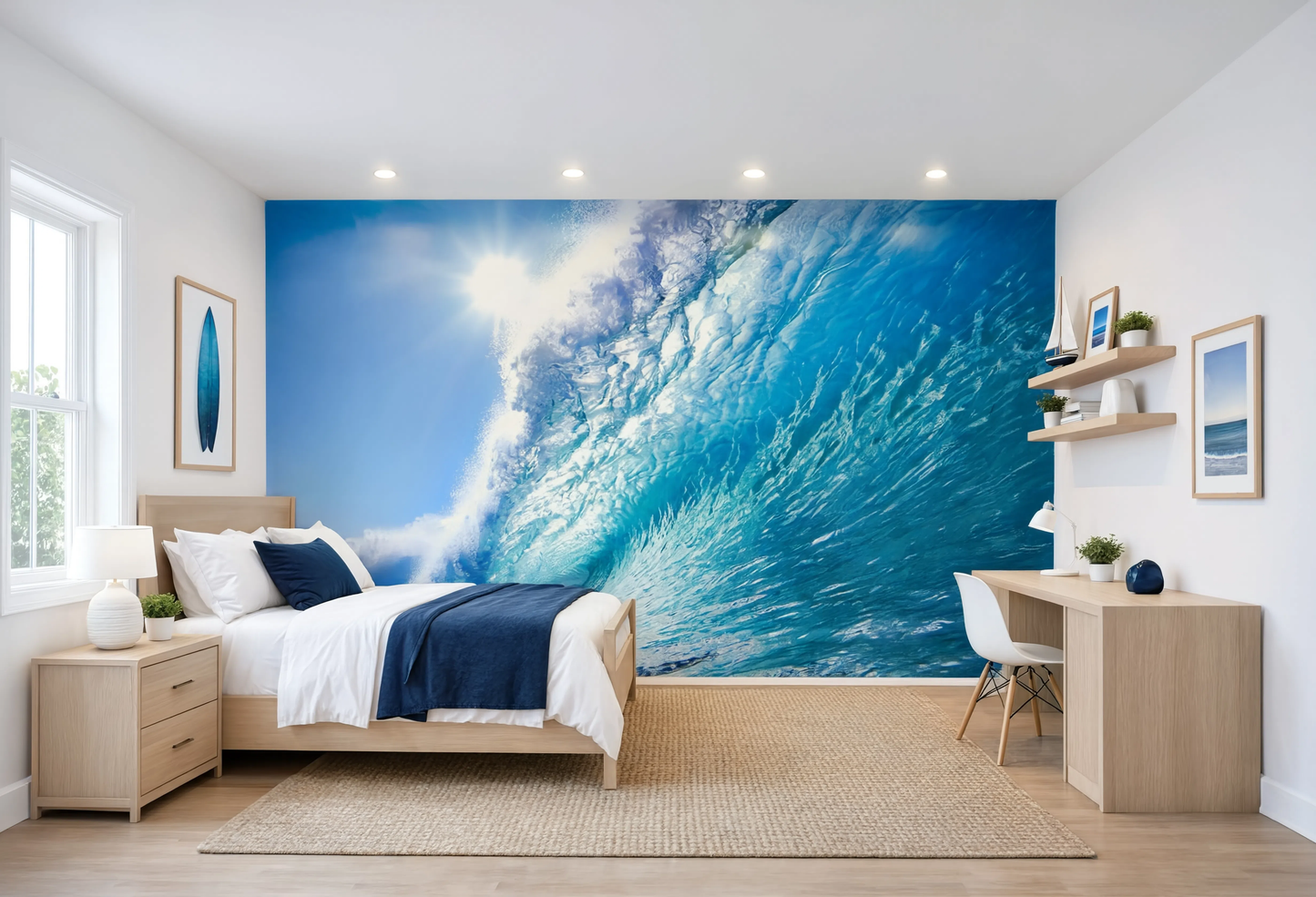 Beach house bedroom interior styled with a large ocean wave accent wallcovering.