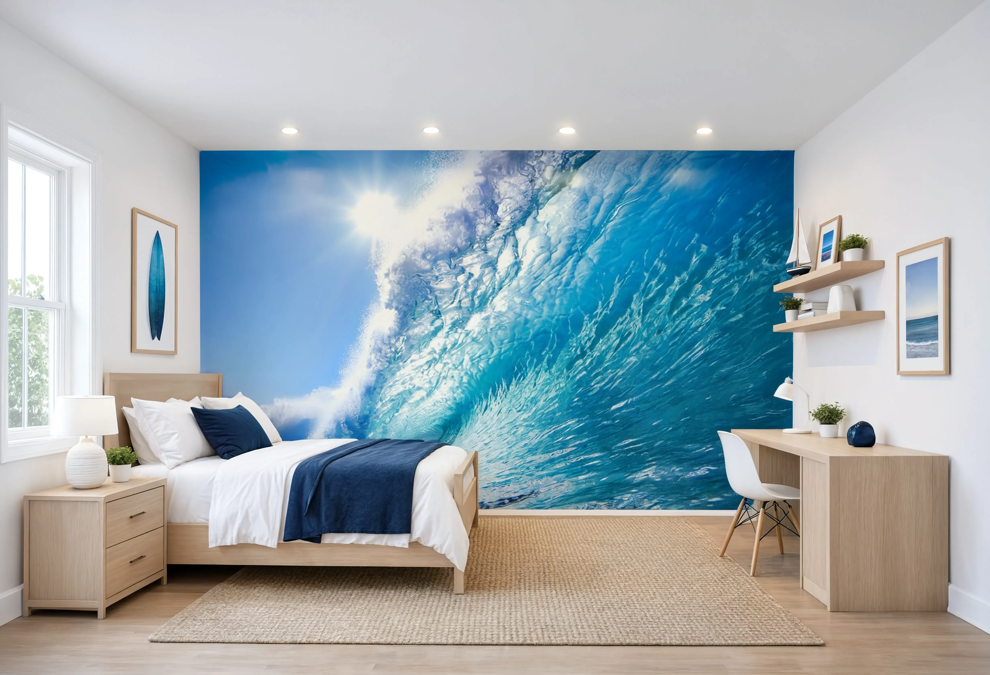Beach house bedroom interior styled with a large ocean wave accent wallcovering.