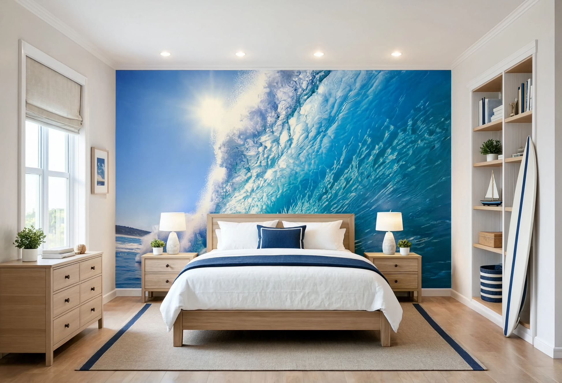 Removable vinyl wall art panel featuring a powerful wave for a modern coastal bedroom.