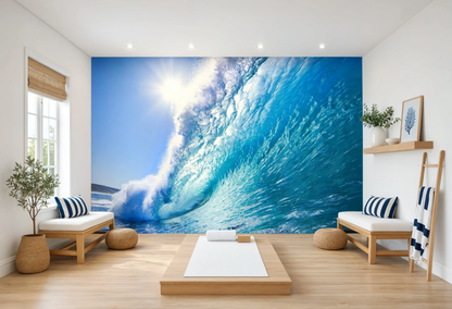 Dynamic ocean wave wall mural showing a crashing blue wave with a bright sunburst.