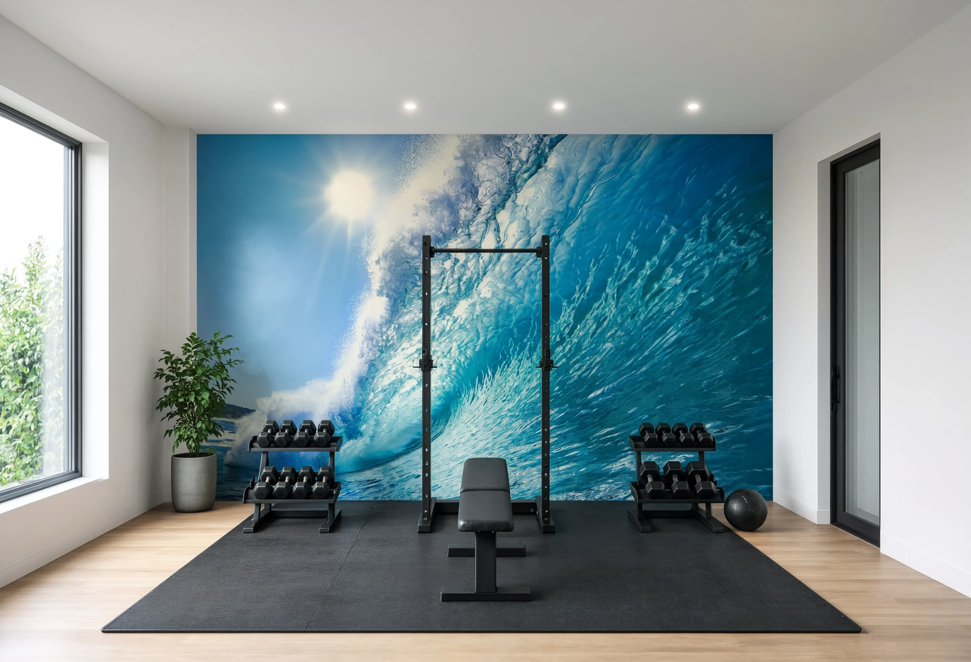 Detail of matte non-woven ocean wall mural displaying deep blue water and sunlight reflections.