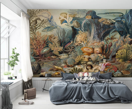 Vintage coral reef wallpaper. Coastal maximalist peel and stick wallpaper showing 19th-century style underwater marine biology sketch.