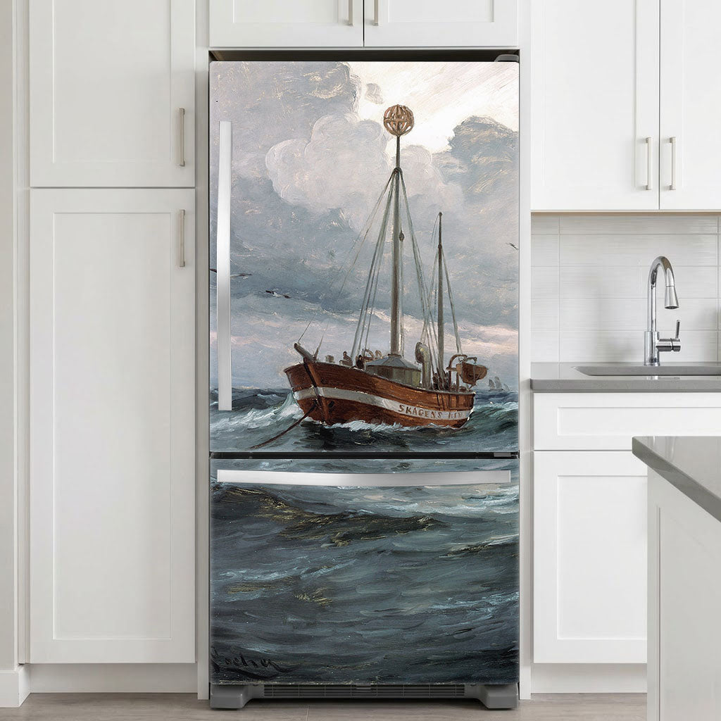 Fridge cover with a painting of a ship on a stormy sea