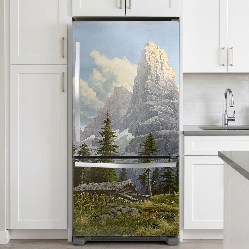 Fridge skin with a mountain landscape design