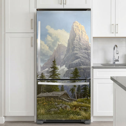Fridge skin with a mountain landscape design