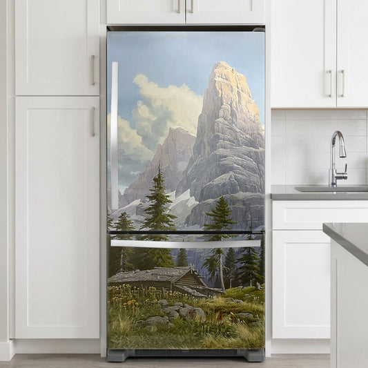 Fridge skin with a mountain landscape design