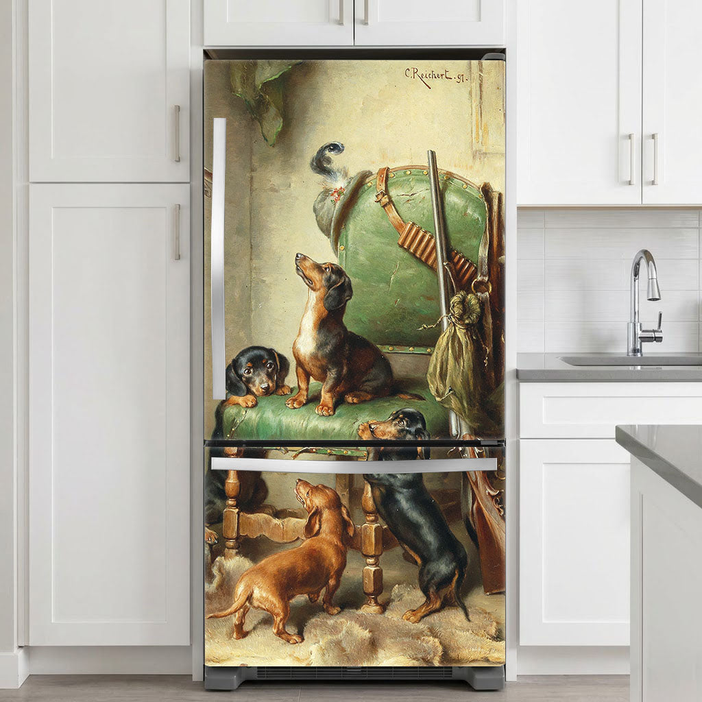 Fridge with a decorative wrap featuring dogs and hunting equipment 
