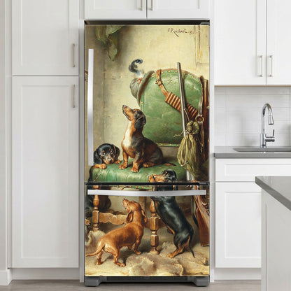 Fridge with a decorative wrap featuring dogs and hunting equipment 