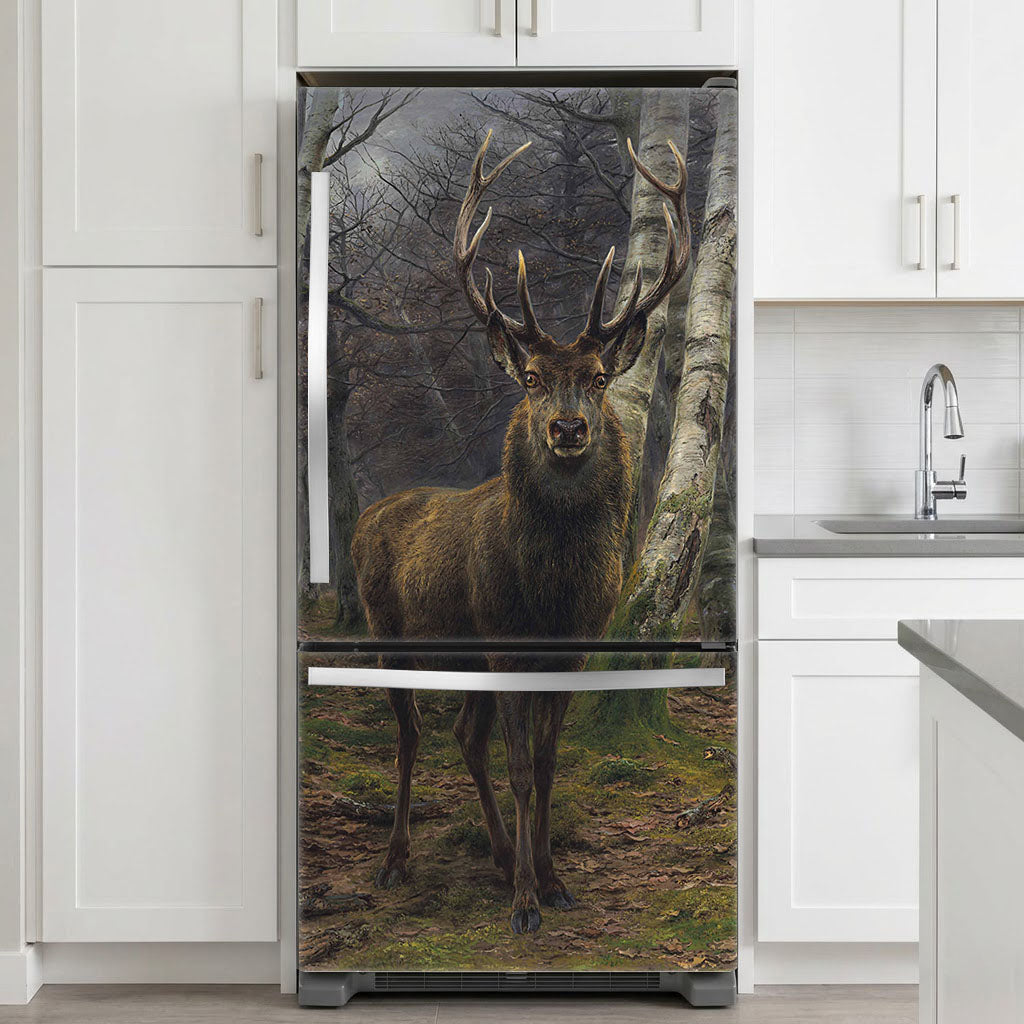 Fridge with a deer design in a kitchen setting