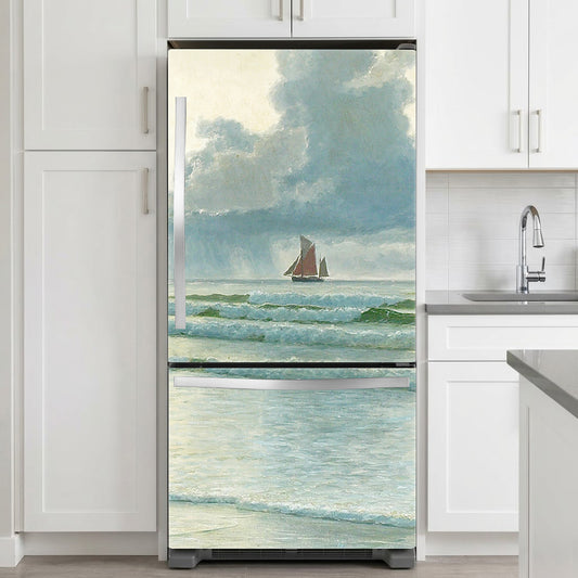 Fridge with a decorative vinyl wrap of a sailboat scene in a kitchen.