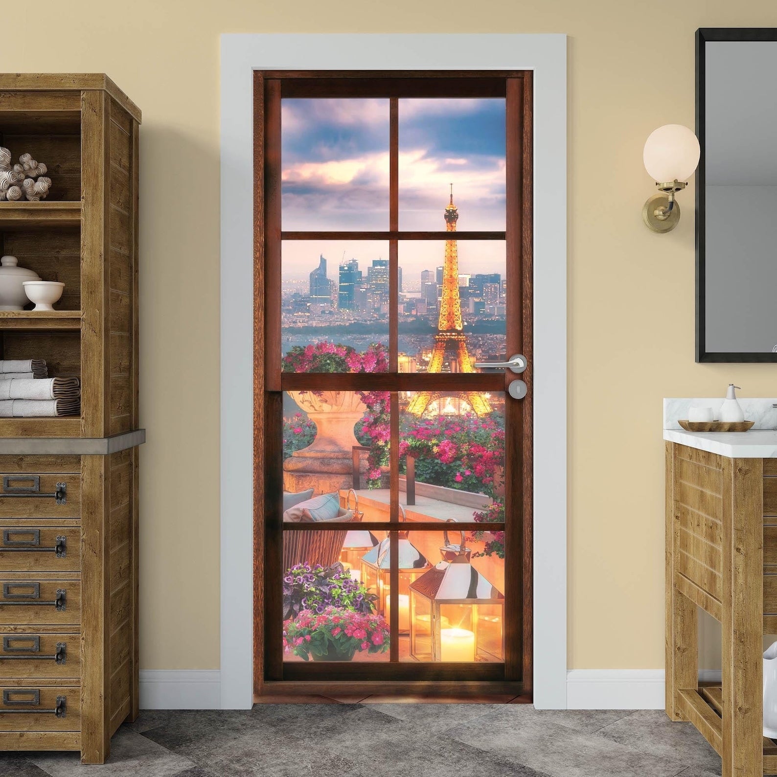 Paris Balcony Door Wrap Eiffel Tower Sunset View Peel & Stick Mural