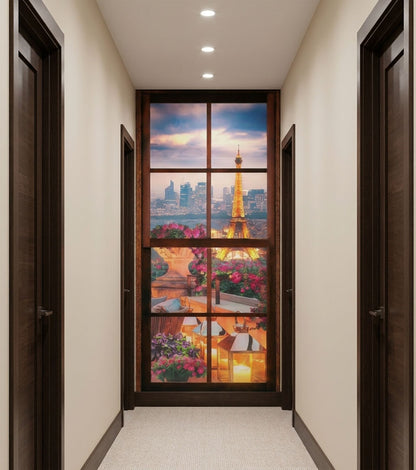 A hallway with cream walls and dark wood doors, centered on a large decorative glass panel showing a Paris cityscape with the Eiffel Tower, flowers, and a sunset sky.