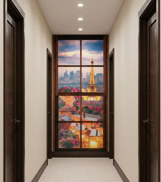 How to decorate a long hallway? A hallway with cream walls and dark wood doors, centered on a large decorative mural showing a Paris cityscape with the Eiffel Tower, flowers, and a sunset sky.