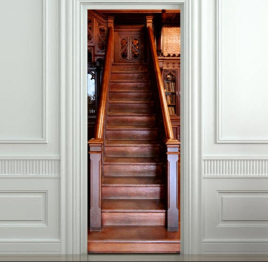 Wooden stairs door mural. Stickers doors 1 piece