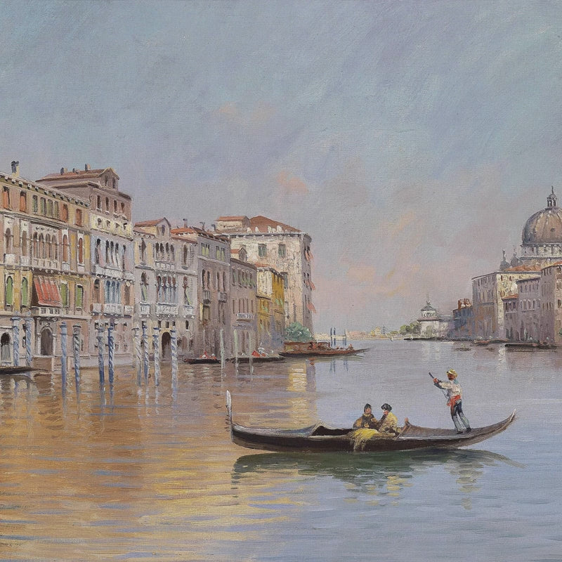 Vintage Italian cityscape wallpaper mural featuring traditional gondoliers on calm waters next to grand Venetian architecture under a clear blue sky.