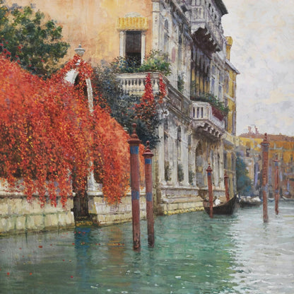 A 19th-century Italian oil painting wall mural by Vincenzo Caprile featuring a Venice canal with turquoise water, wooden poles, and a palazzo with orange ivy.