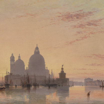 Warm beige and orange vintage maritime art mural with traditional sailboats and a hazy silhouette of Santa Maria della Salute, perfect above wainscoting panels.