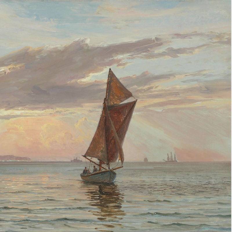 Classic 19th-century marine oil painting featuring a sailing boat in glowing morning light.