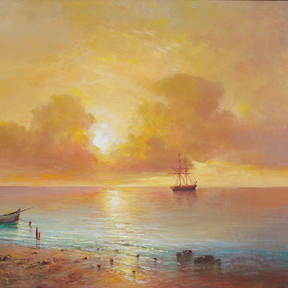 Large panoramic vintage wallpaper mural of a warm yellow coastal landscape with ocean ripples and sun rays, installed as a bedroom accent wall behind a bed.