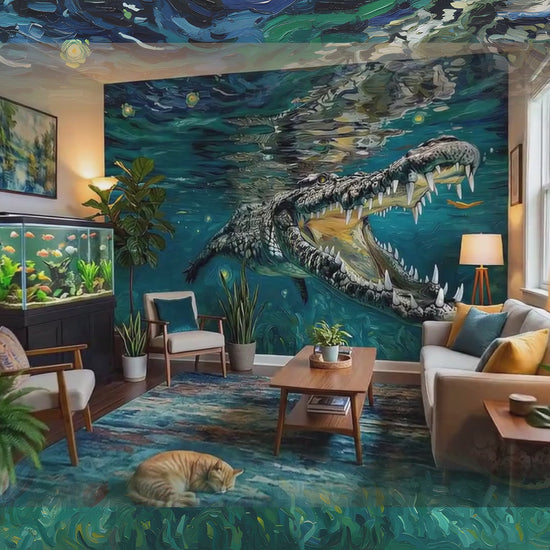 Underwater Alligator - Van Gogh's Starry Night Style Painting - Wallpaper, Wall Mural, Tapestry