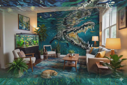 Underwater Alligator - Van Gogh's Starry Night Style Painting - Wallpaper, Wall Mural, Tapestry