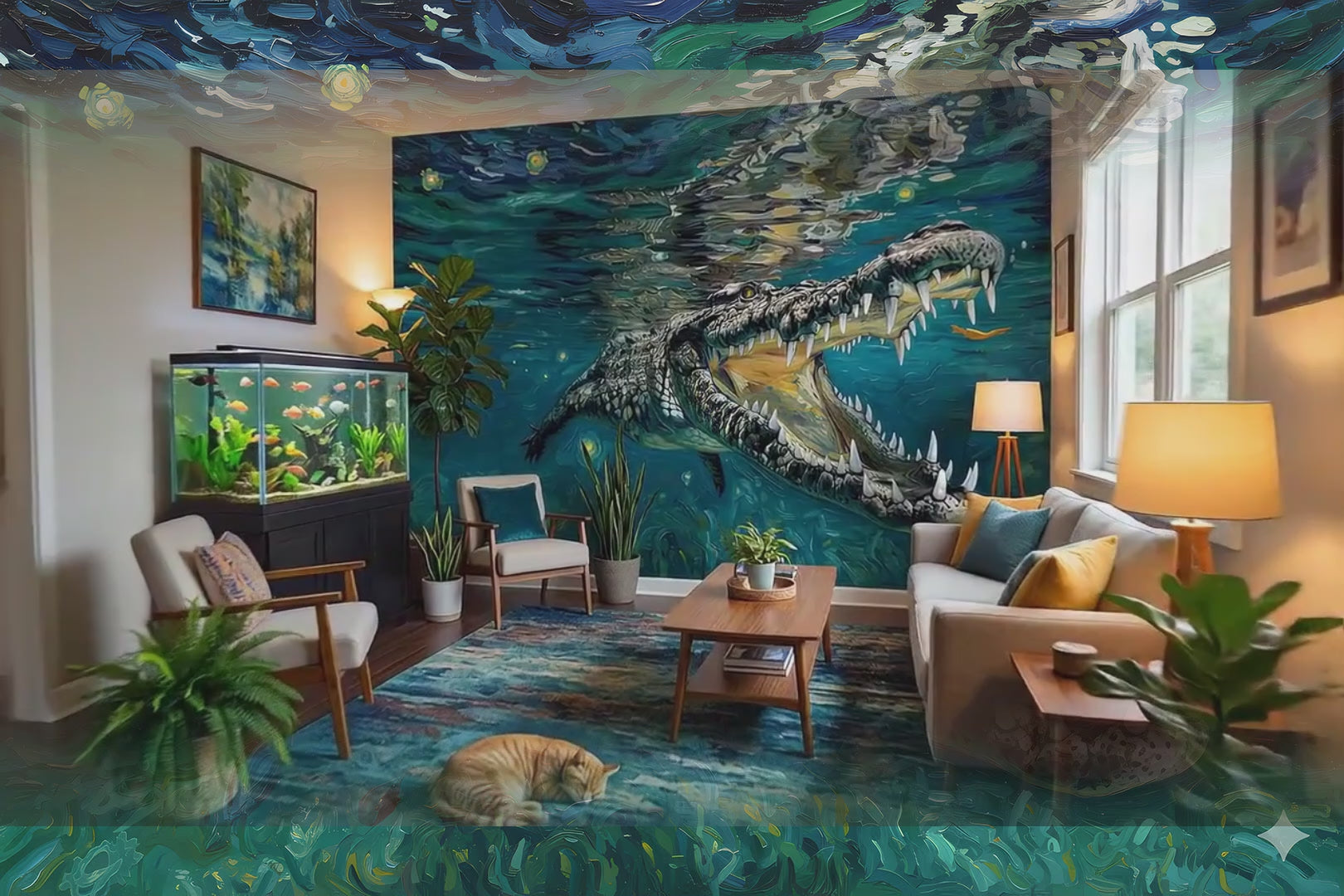 Underwater Alligator - Van Gogh's Starry Night Style Painting - Wallpaper, Wall Mural, Tapestry