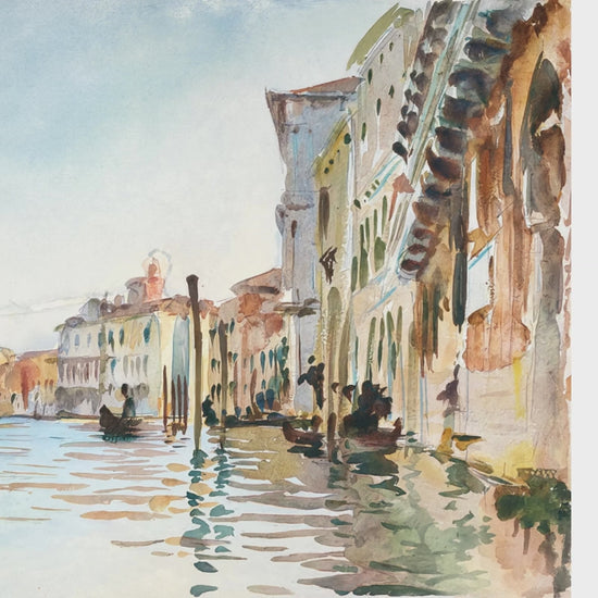 Soft watercolor Venetian landscape wallpaper featuring sunlit historic architecture and boats on the water for living room wall decor.