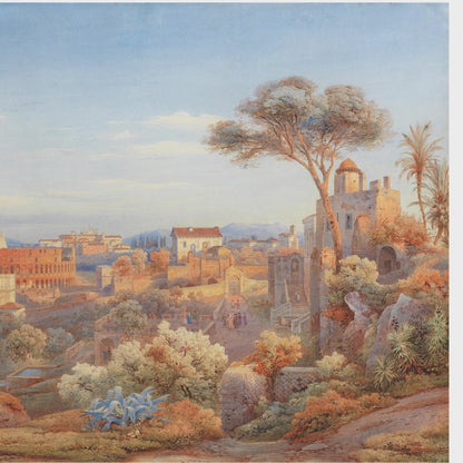 Mediterranean villa wall mural featuring warm terracotta stone  buildingin in a foyer entryway 