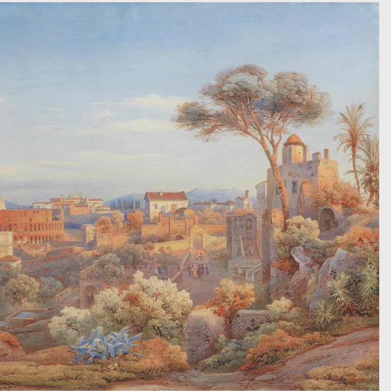 Mediterranean villa wall mural featuring warm terracotta stone  buildingin in a foyer entryway 