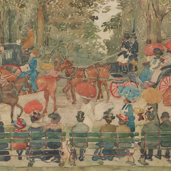 Storybook park bench and horse carriage wallpaper in a vintage kids bedroom